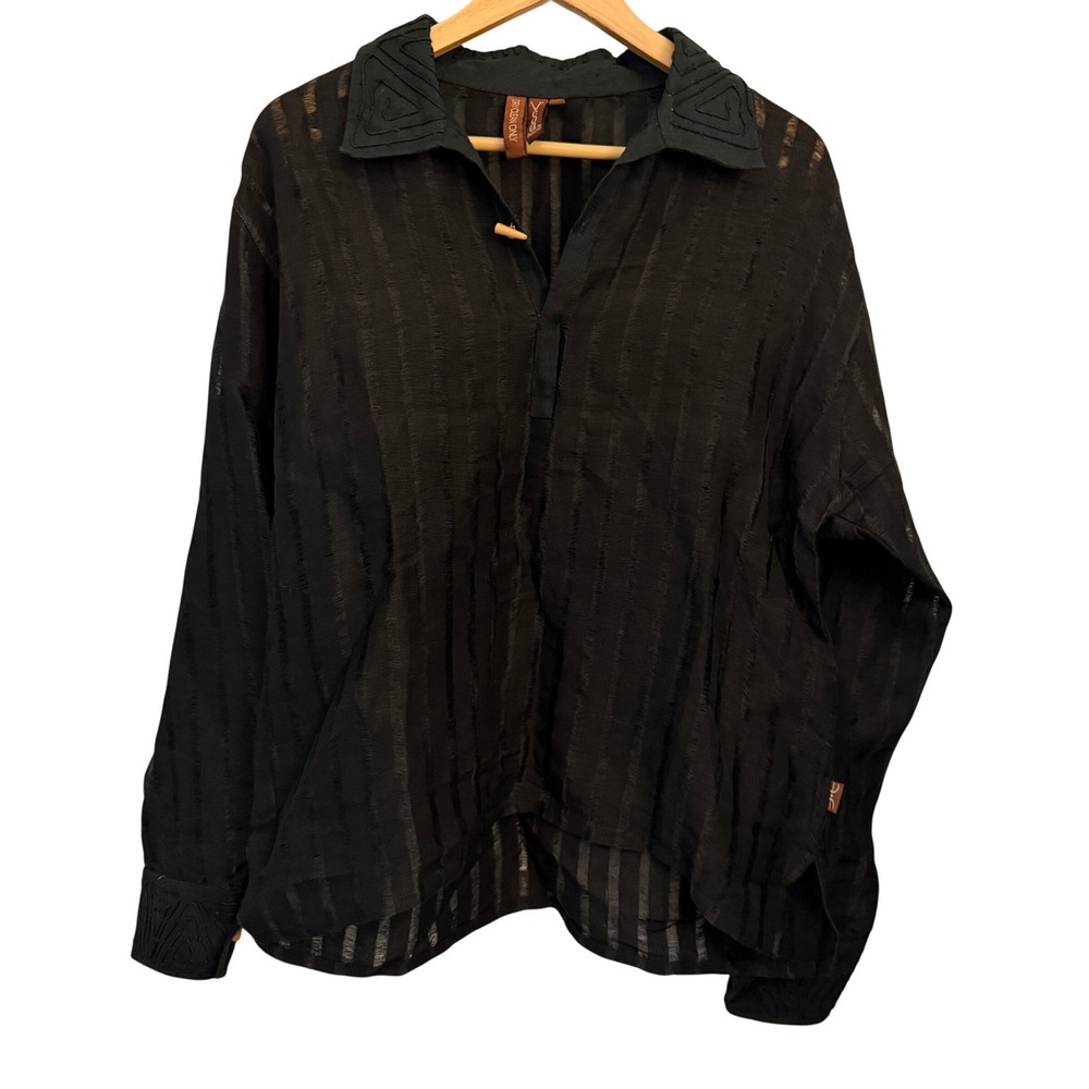 Veda NXT Button Down Shirt Womens XL Black Sheer Textured Embroidered Excellent